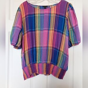 Ann Taylor Womans SZ XL Cinch Bottom Waiste Pastel Plaid Cinch Sleeve Blouse